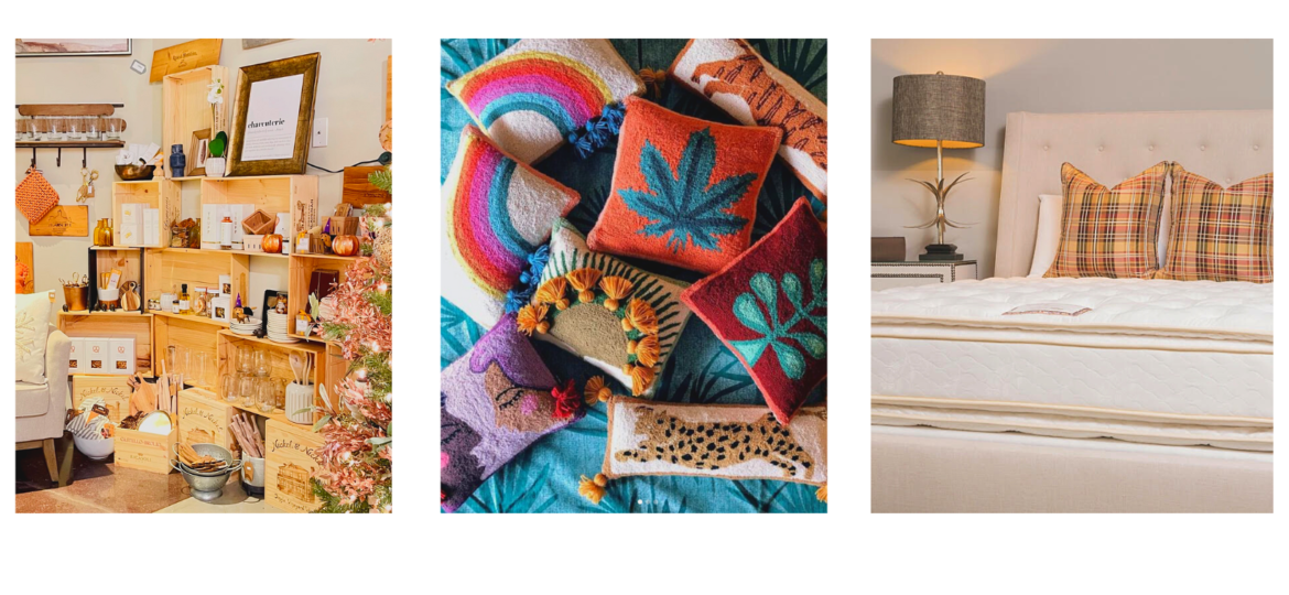 A home decor store, a pile of pillows, and a mattress all from women-owned businesses