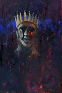 Oedipus by Carl Ragsdal. A painted man with red tears wearing a gold crown.