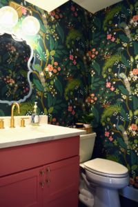 Bathroom with floral wallpaper