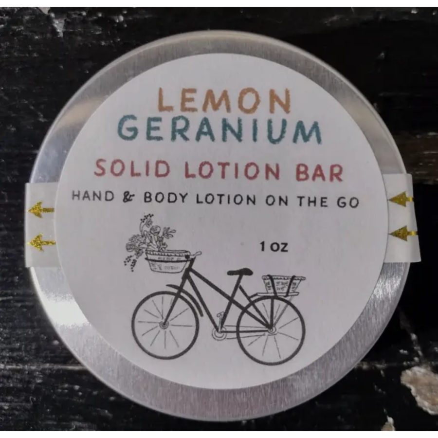 Lemon Geranium Solid Lotion Bar in tin circular container
