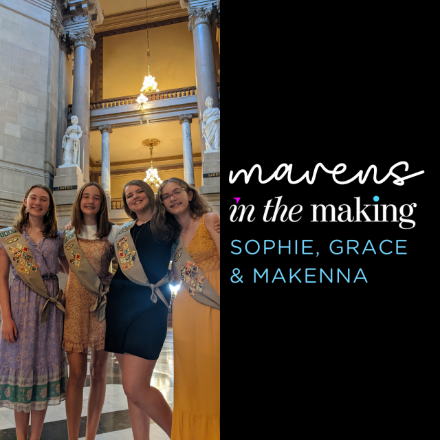 4 teenage girls stand in the Statehouse with the text "Maven in the Making" on the right-hand side of the picture.