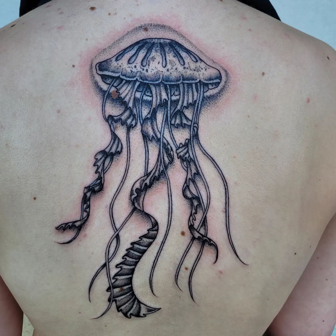 Jellyfish back tattoo by Sierra Mullican