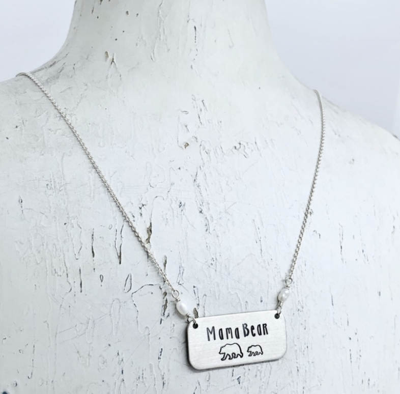 Handstamped Mama Bear silver necklace