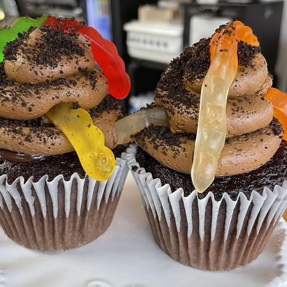 Two Chicks Whisky Business chocolate cupcakes with gummy worms on top