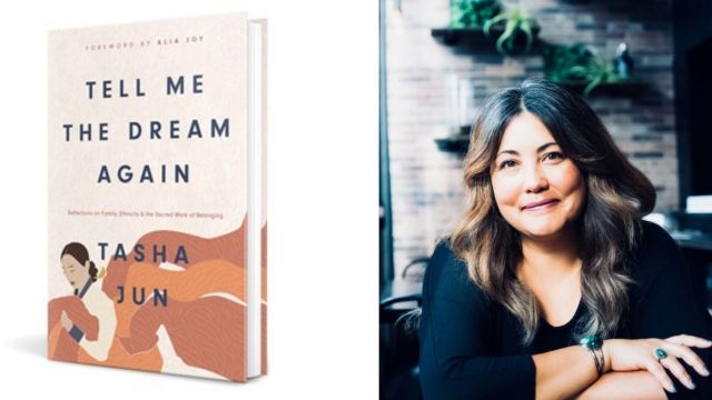 Tasha Jun's "Tell Me the Dream Again" novel pictured on the left and Tasha Jun pictured on the right