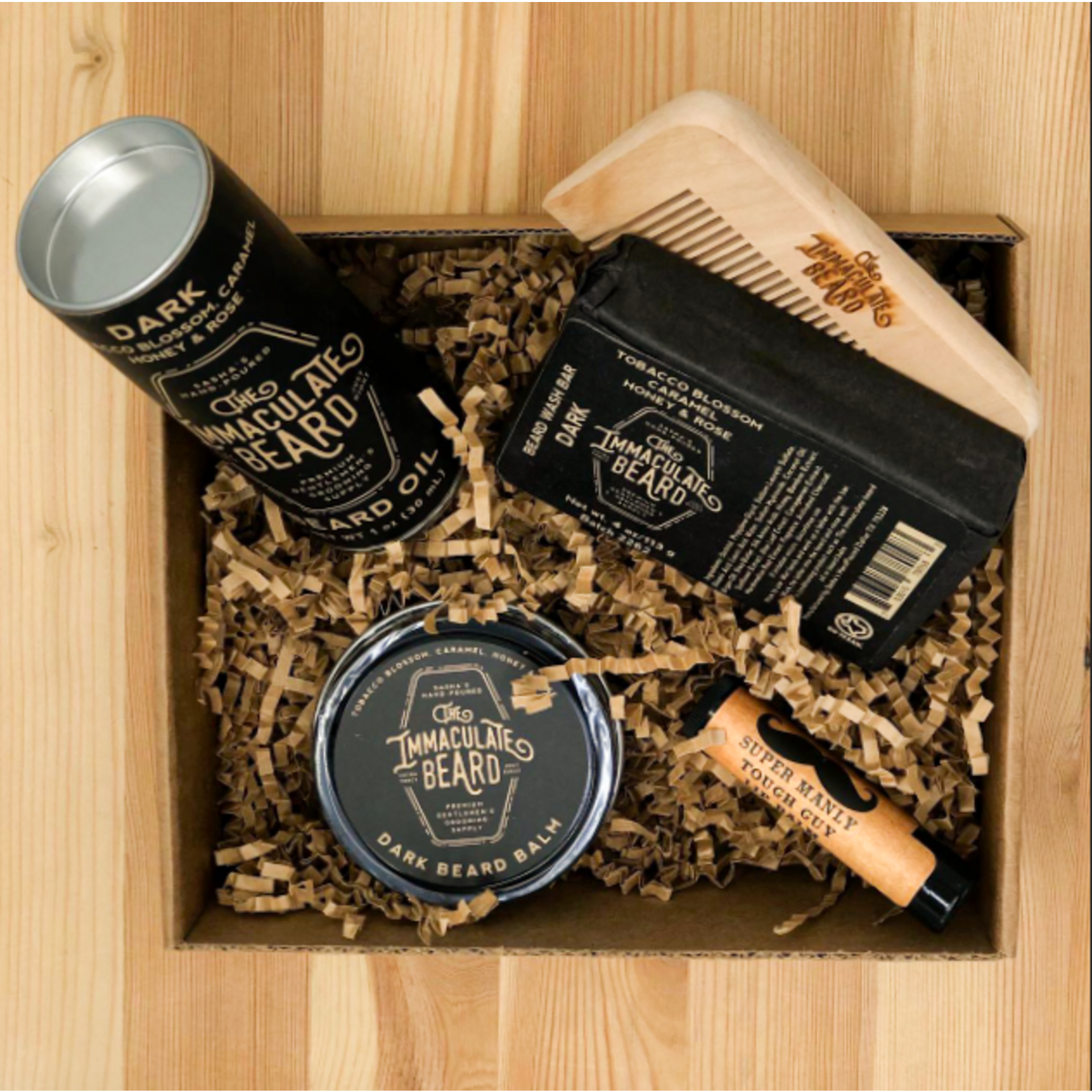 Assorted Beard Grooming items, including a comb and oil in box