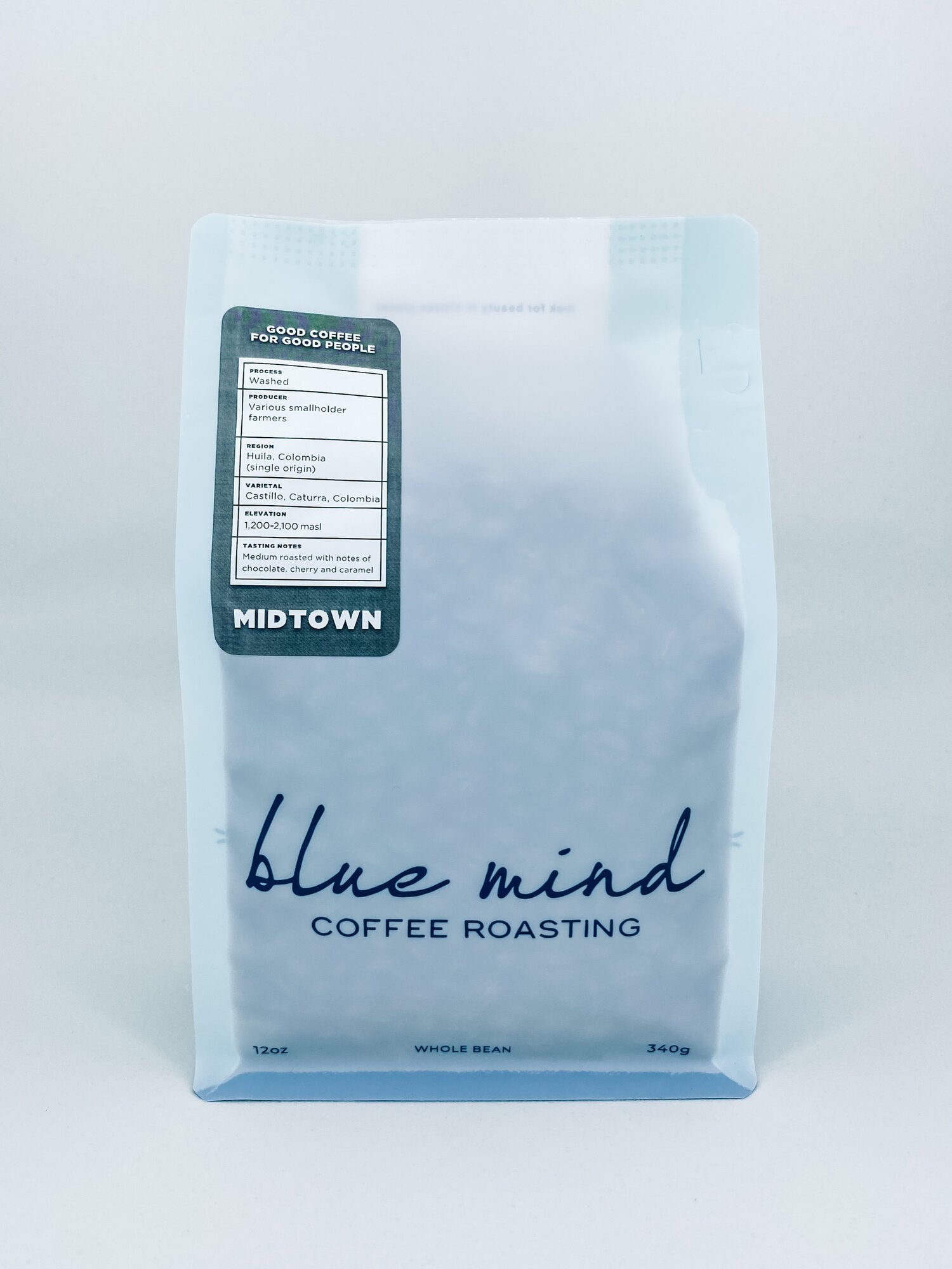 Front view of blue coffee bag