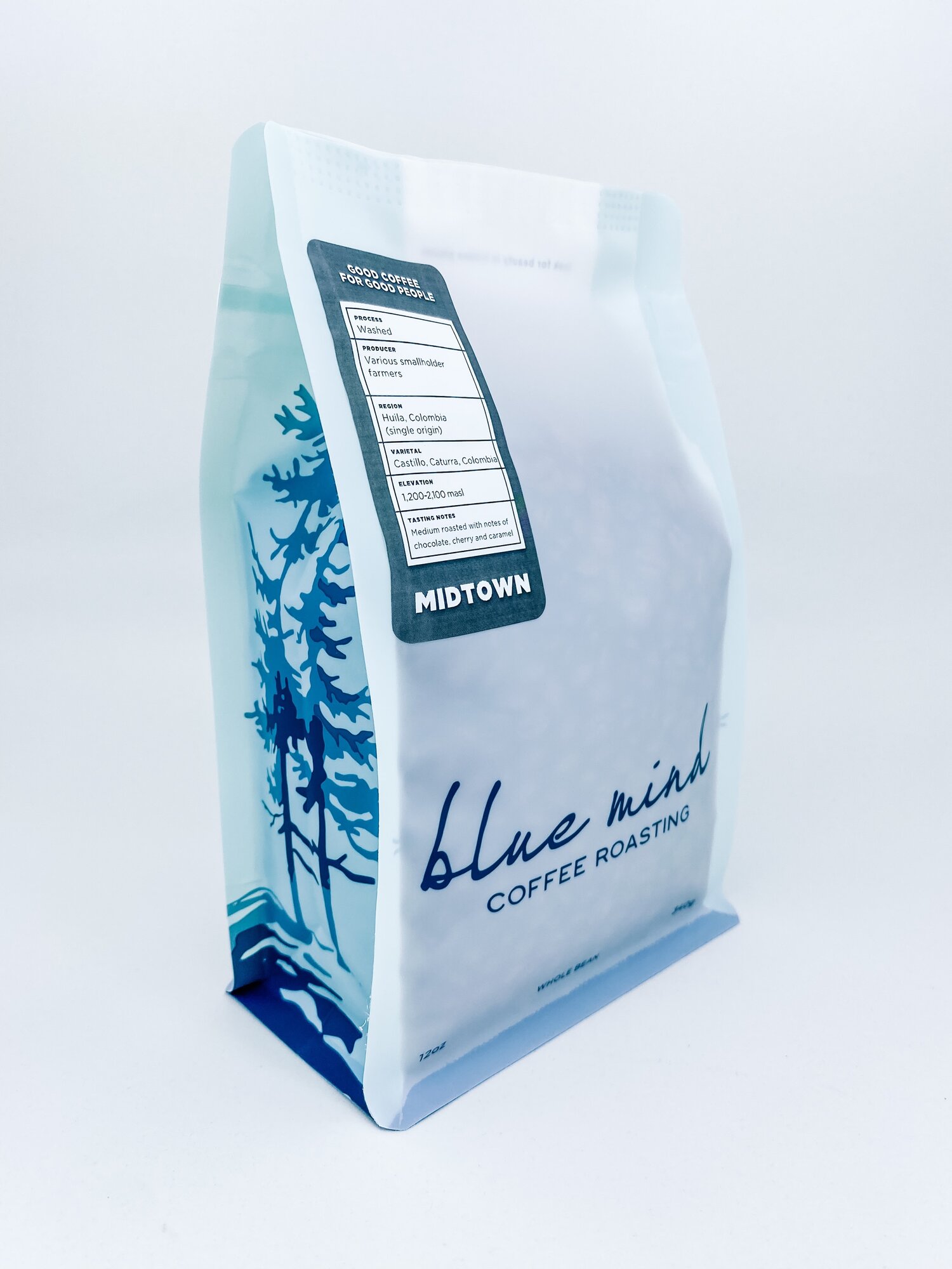 Side view of blue coffee bag
