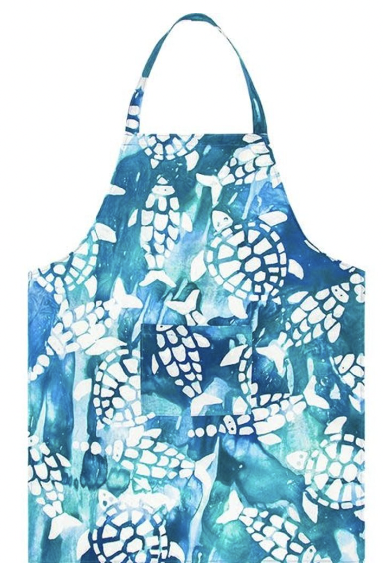 Blue aprons with turtle pattern