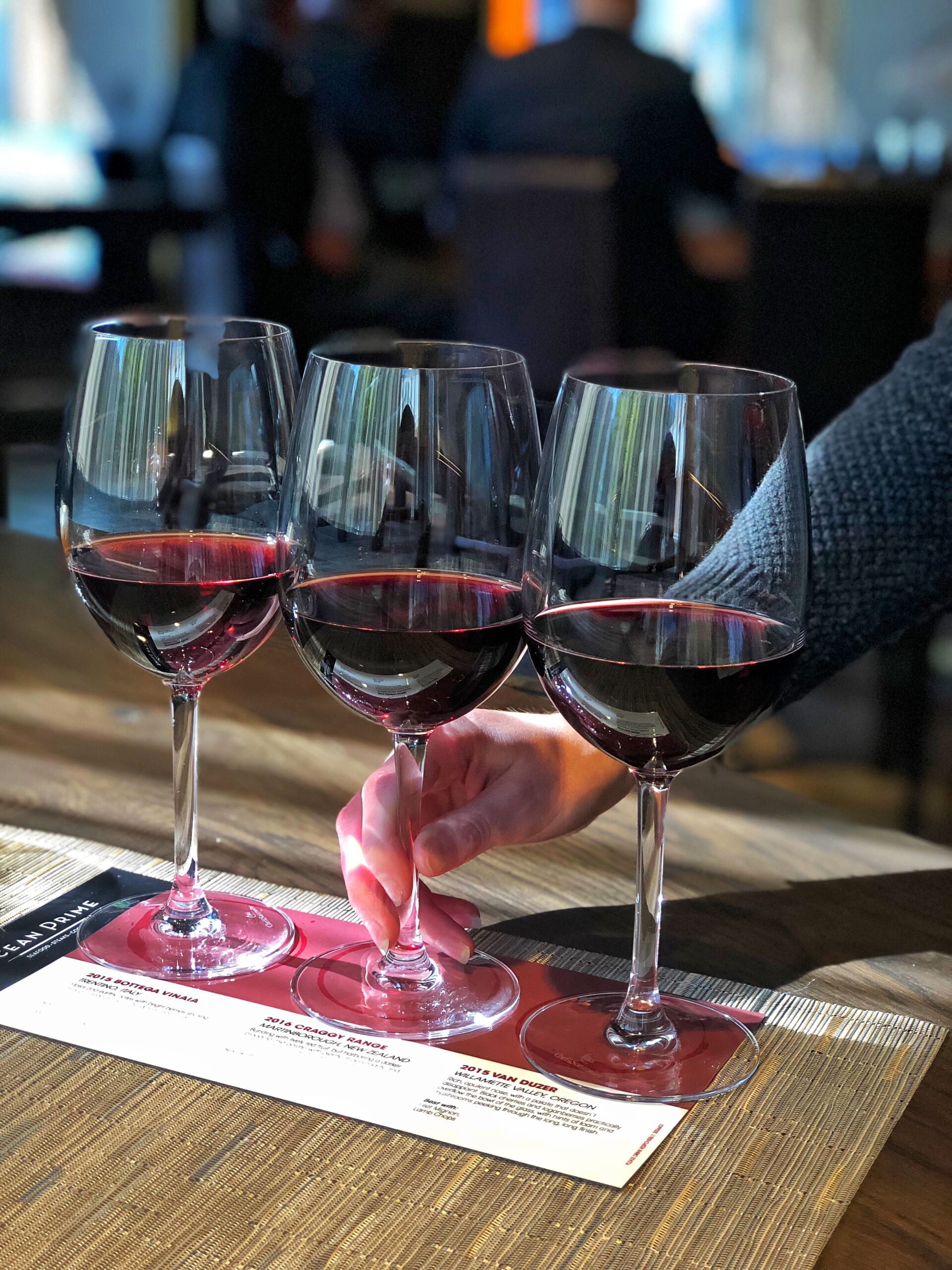 Ocean's Prime three red wine glasses. Photo provided by Ocean Prime.