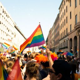 People marching down a street holding rainbow flags