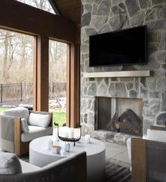 Indoors living space with stone wall