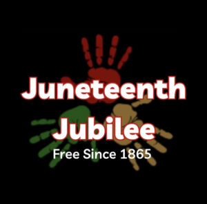 Three hand prints of Juneteenth Jubilee flyer