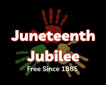 Three hand prints of Juneteenth Jubilee flyer