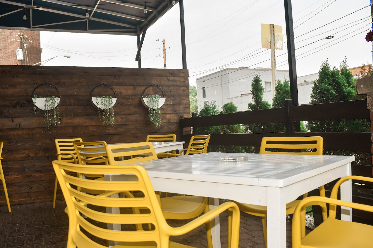 outdoor seating with yellow chairs and wall of plants