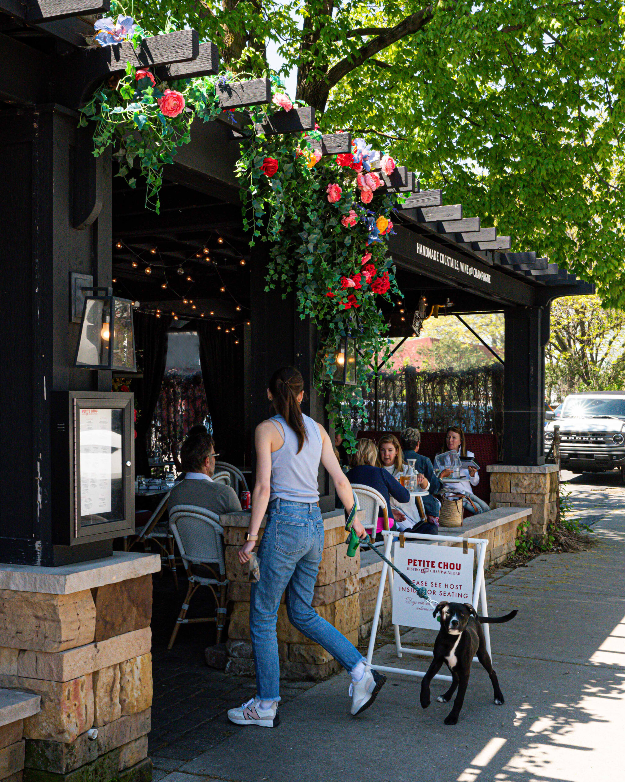 woman walking into patio with dog