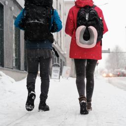 Two people walking on a snowy city street with backpacks. The one on the left has a blue coat, the right has red.