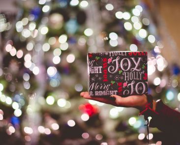 Someone holding a small present in front of a lit up tree.