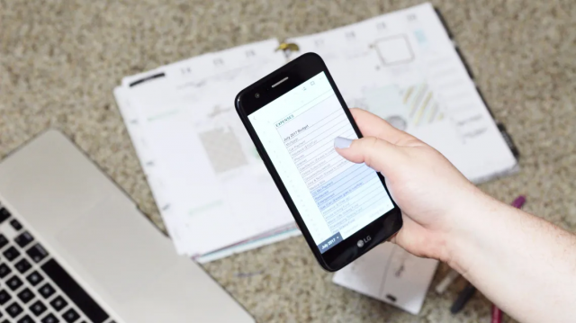 woman holding a smart phone with a budget sheet on the screen