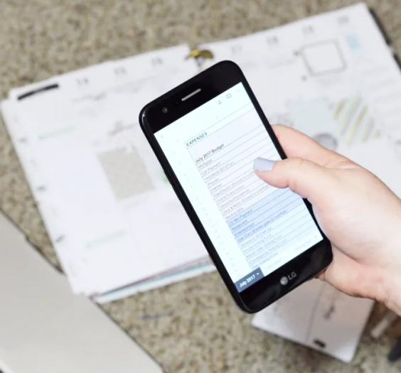 woman holding a smart phone with a budget sheet on the screen