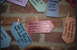 Notes posted at the 2025 Women Build builder teams kickoff event with the homeowners in downtown Indianapolis. (Credit: Indianapolis Habitat for Humanity)