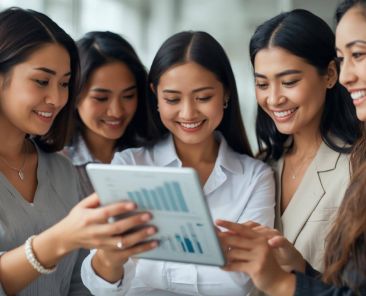 A group of women looking at an investing document together.