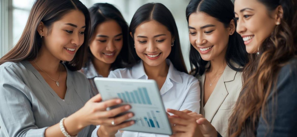 A group of women looking at an investing document together.