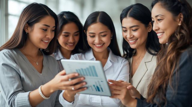 A group of women looking at an investing document together.