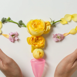 hands cupping flowers organized to look like a uterus