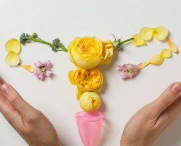 hands cupping flowers organized to look like a uterus
