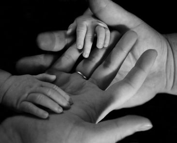 a mother's hands holder her baby's hands