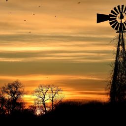 Windmill against a sunset sky