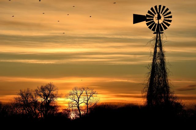 Windmill against a sunset sky