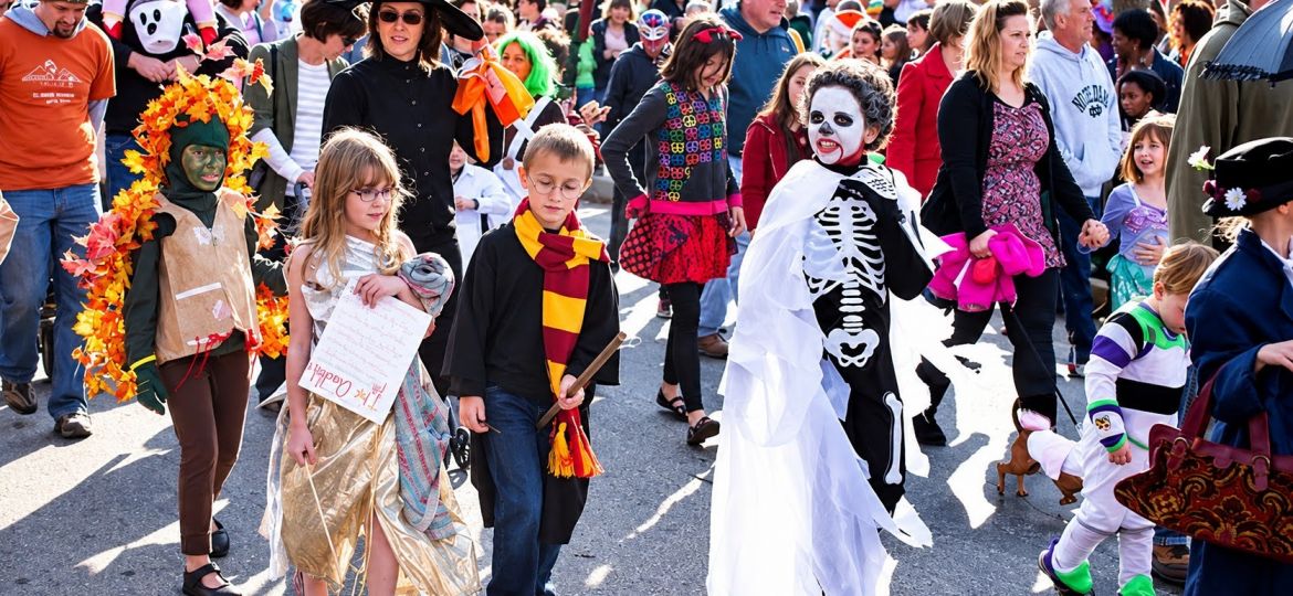 kids and parents dressed up at a Halloween festival